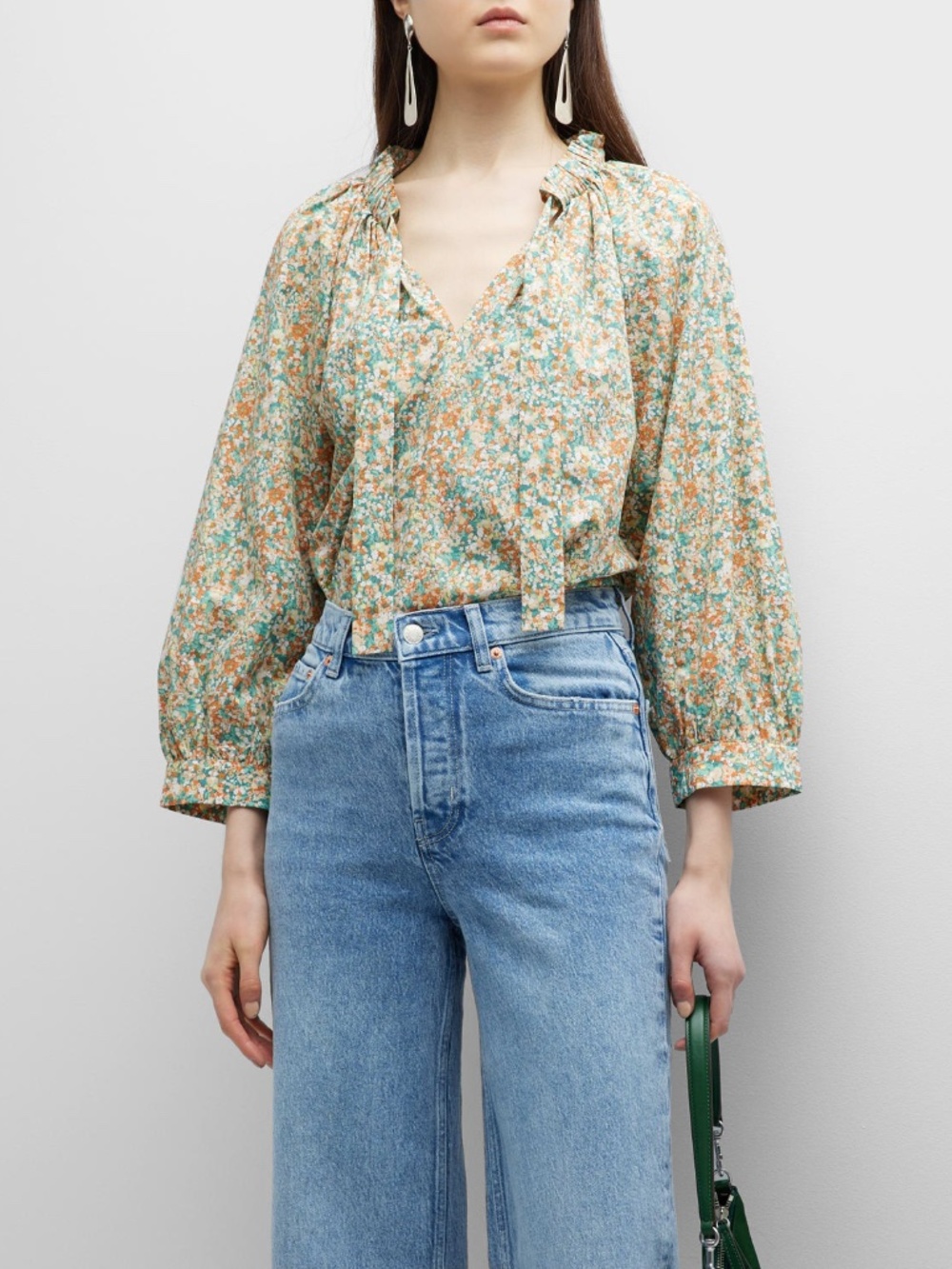 Rails Floral Tie-Neck Blouse in Green, Orange and Cream